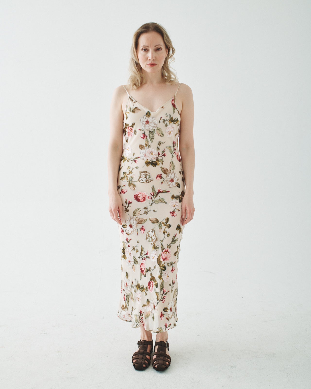 T.W.I.N. Burnout Bias Cut Slip Dress in Off White