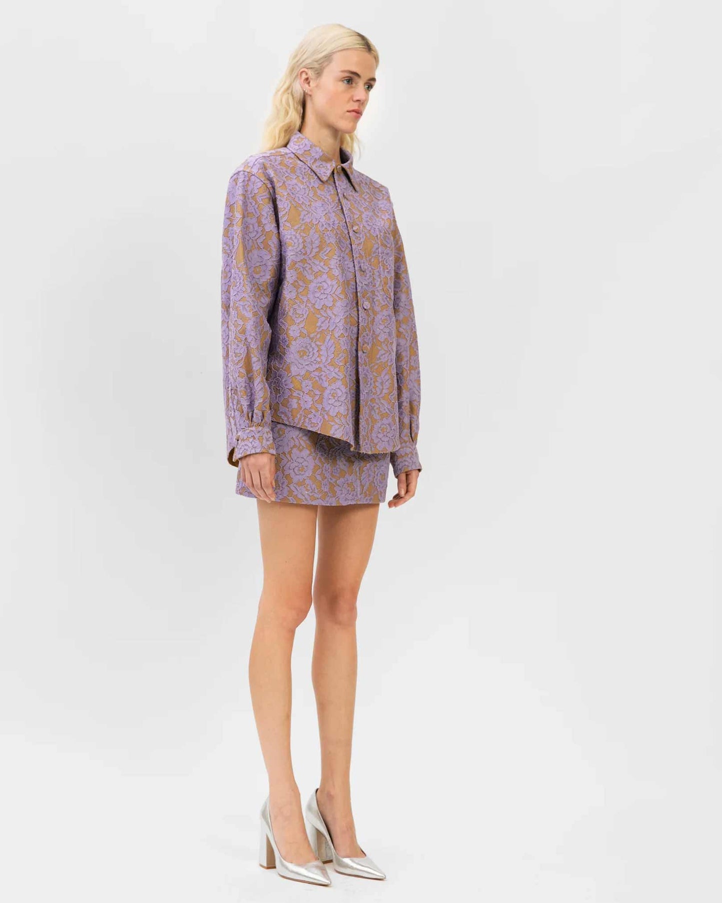 AKNVAS Rubin Lace Mini Skirt in Amethyst available at Lahn.shop
