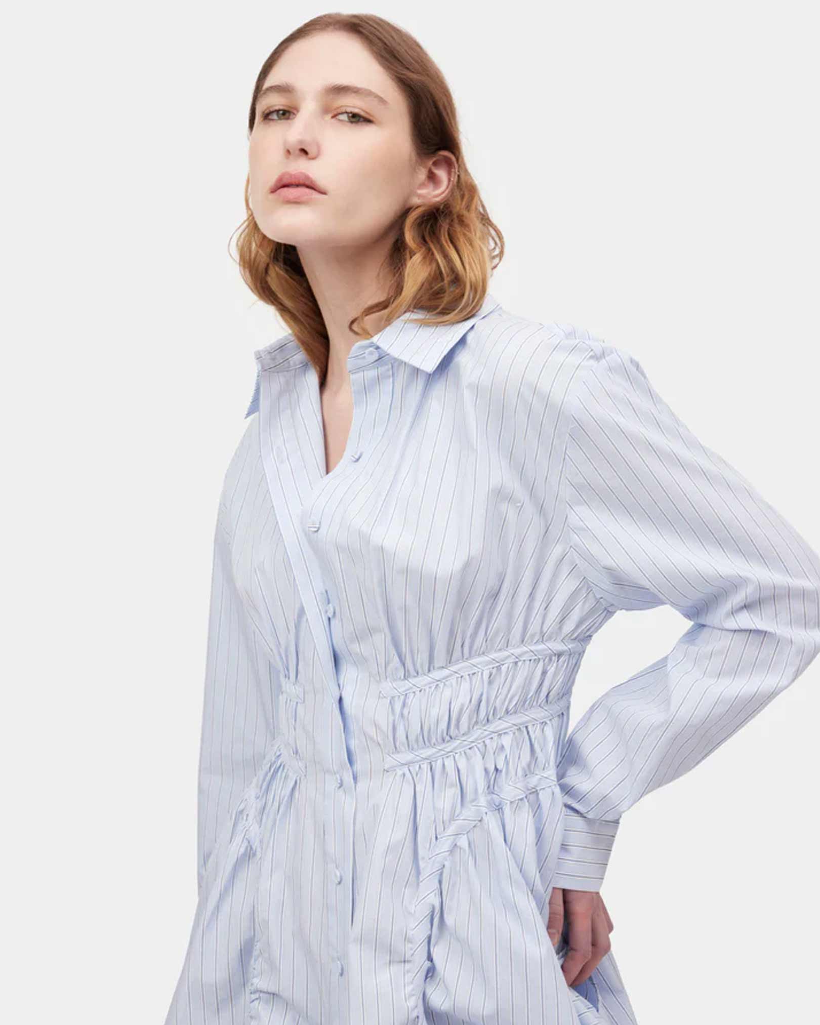AKNVAS Helene Shirt Dress in Blue Mini Stripe available at Lahn.shop