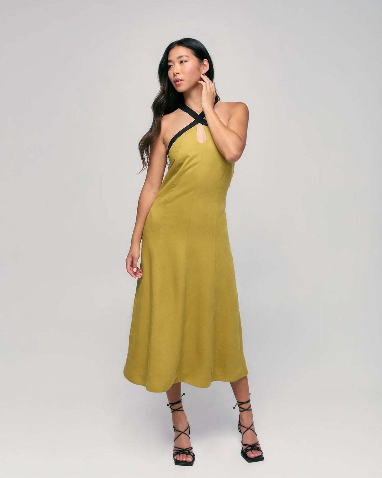 HILARY MACMILLAN Contrast Halter Dress in Chartreuse