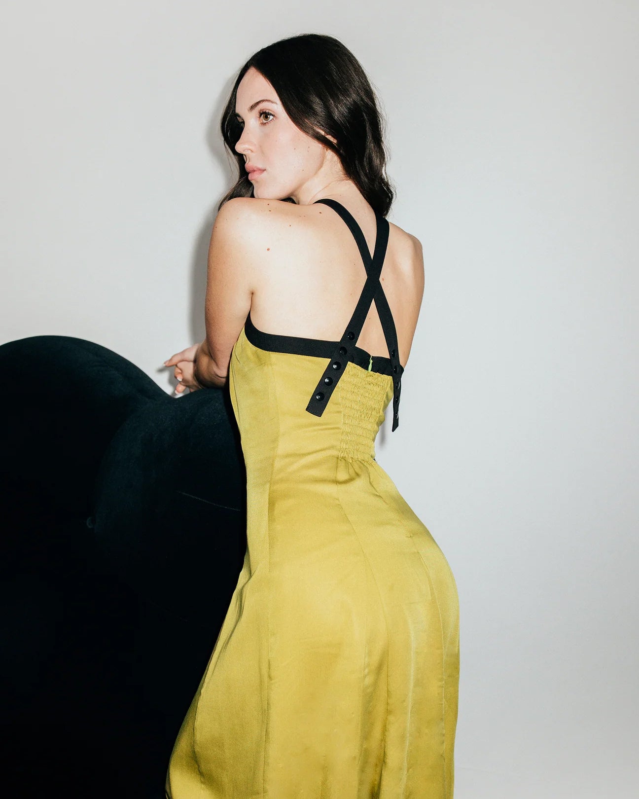 HILARY MACMILLAN Contrast Halter Dress in Chartreuse