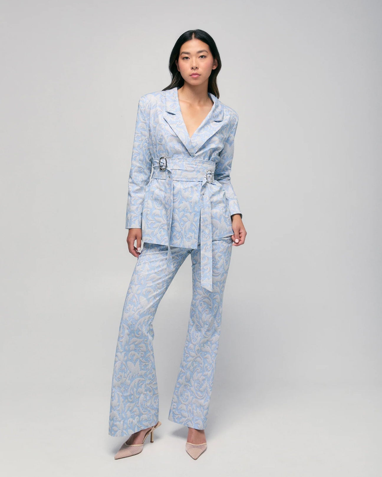 HILARY MACMILLAN Twill Fit & Flare Trousers in Blue & White