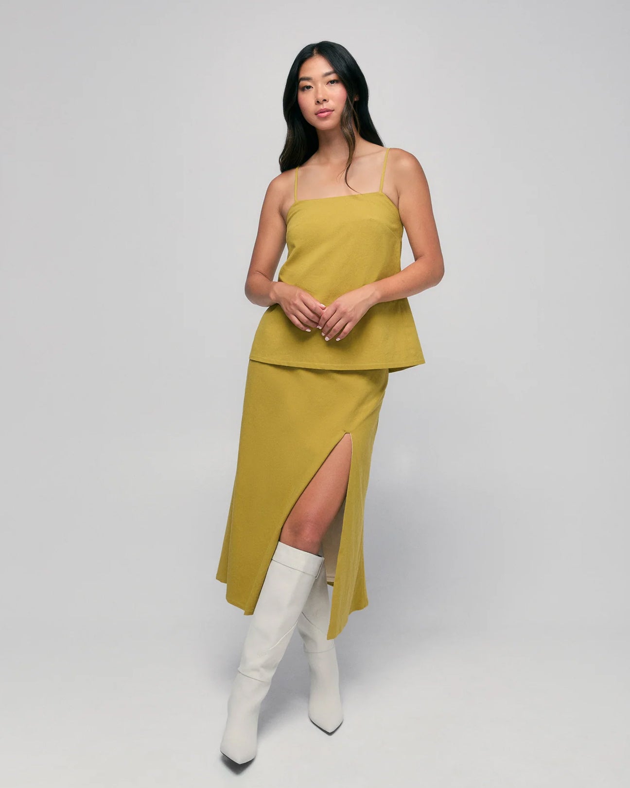 HILARY MACMILLAN Belted Midi Skirt in Chartreuse