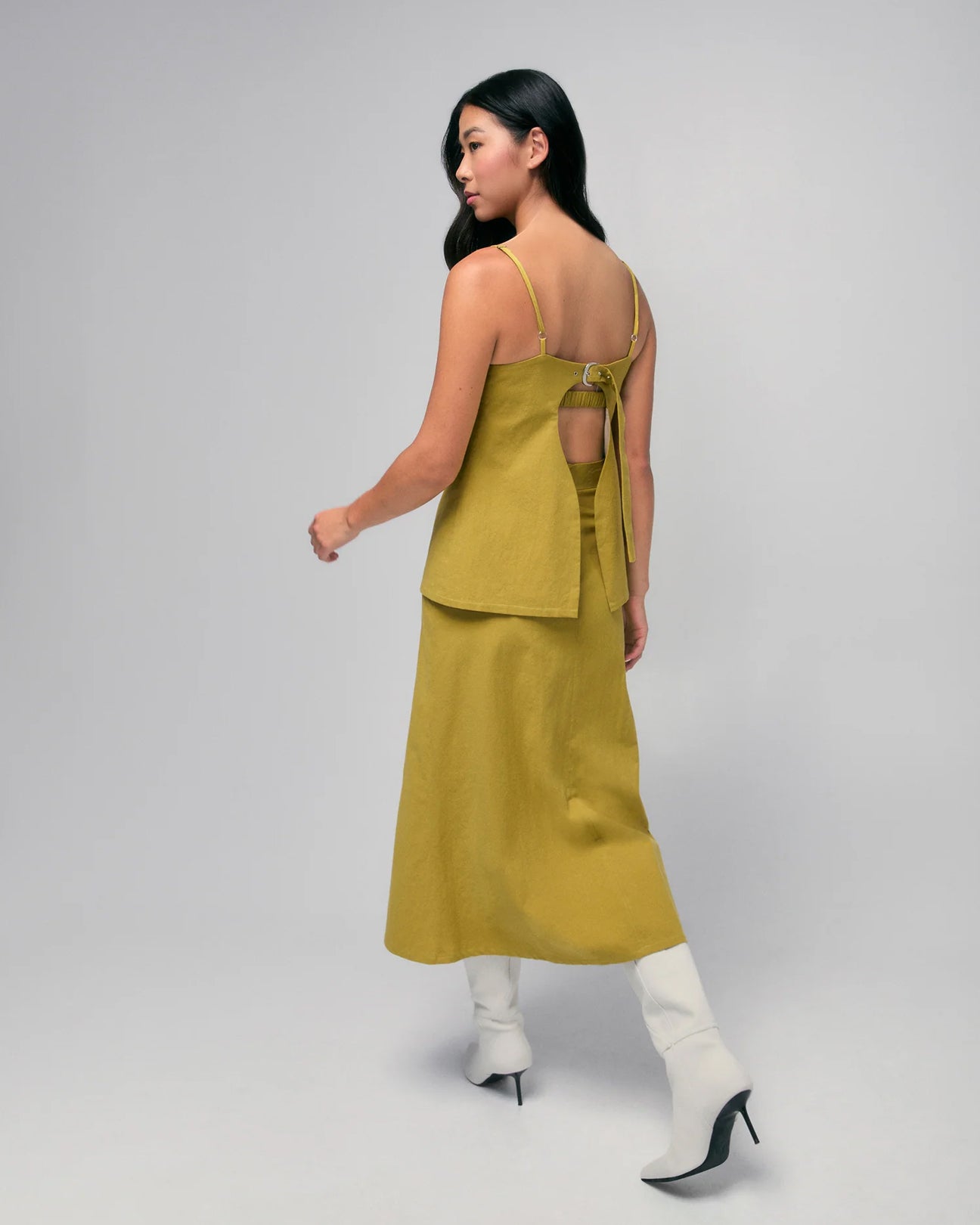 HILARY MACMILLAN Belted Midi Skirt in Chartreuse