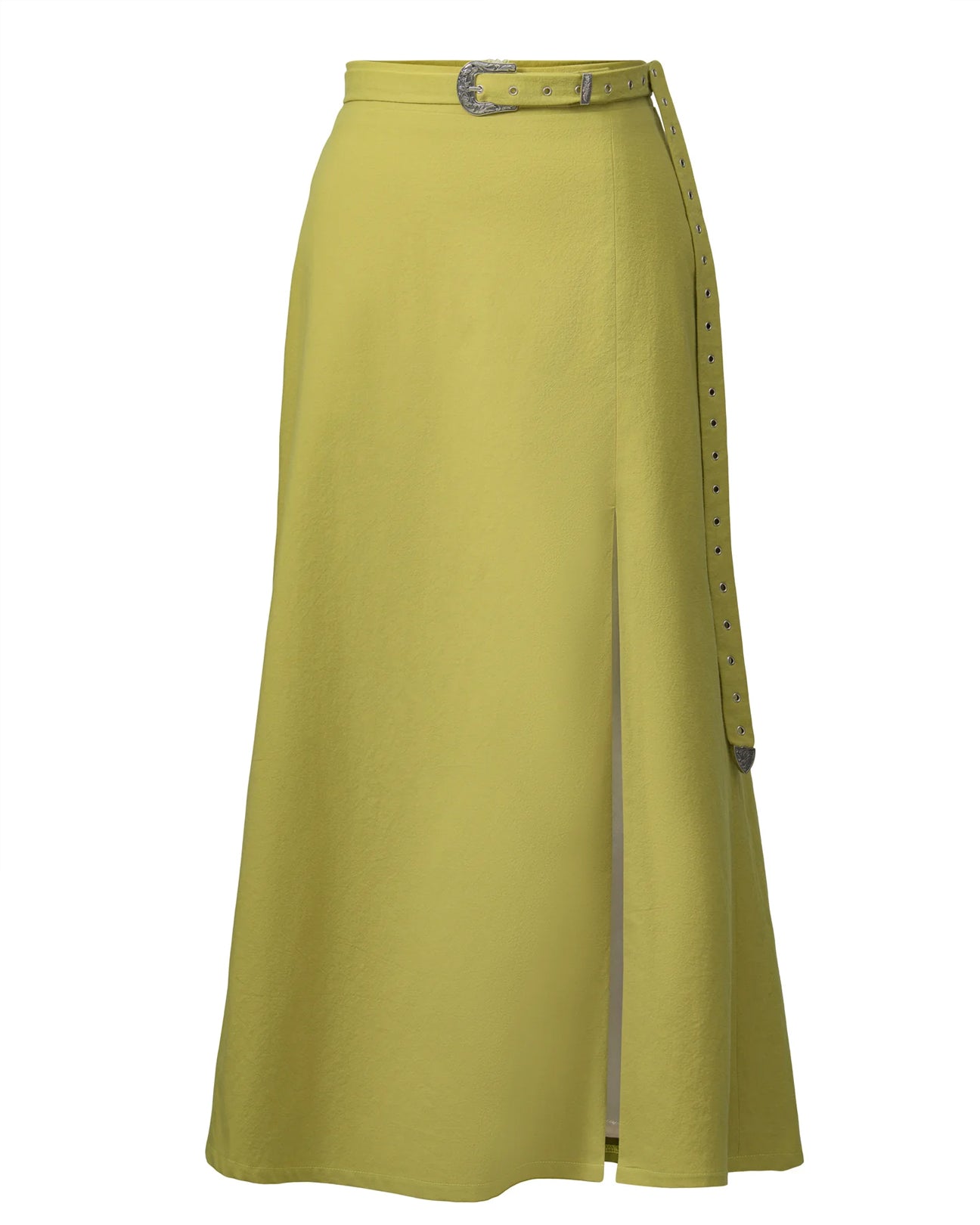 HILARY MACMILLAN Belted Midi Skirt in Chartreuse