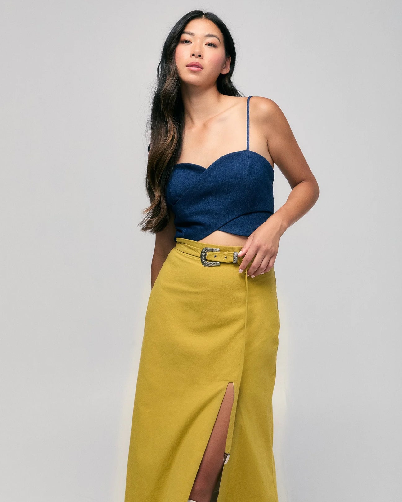 HILARY MACMILLAN Belted Midi Skirt in Chartreuse