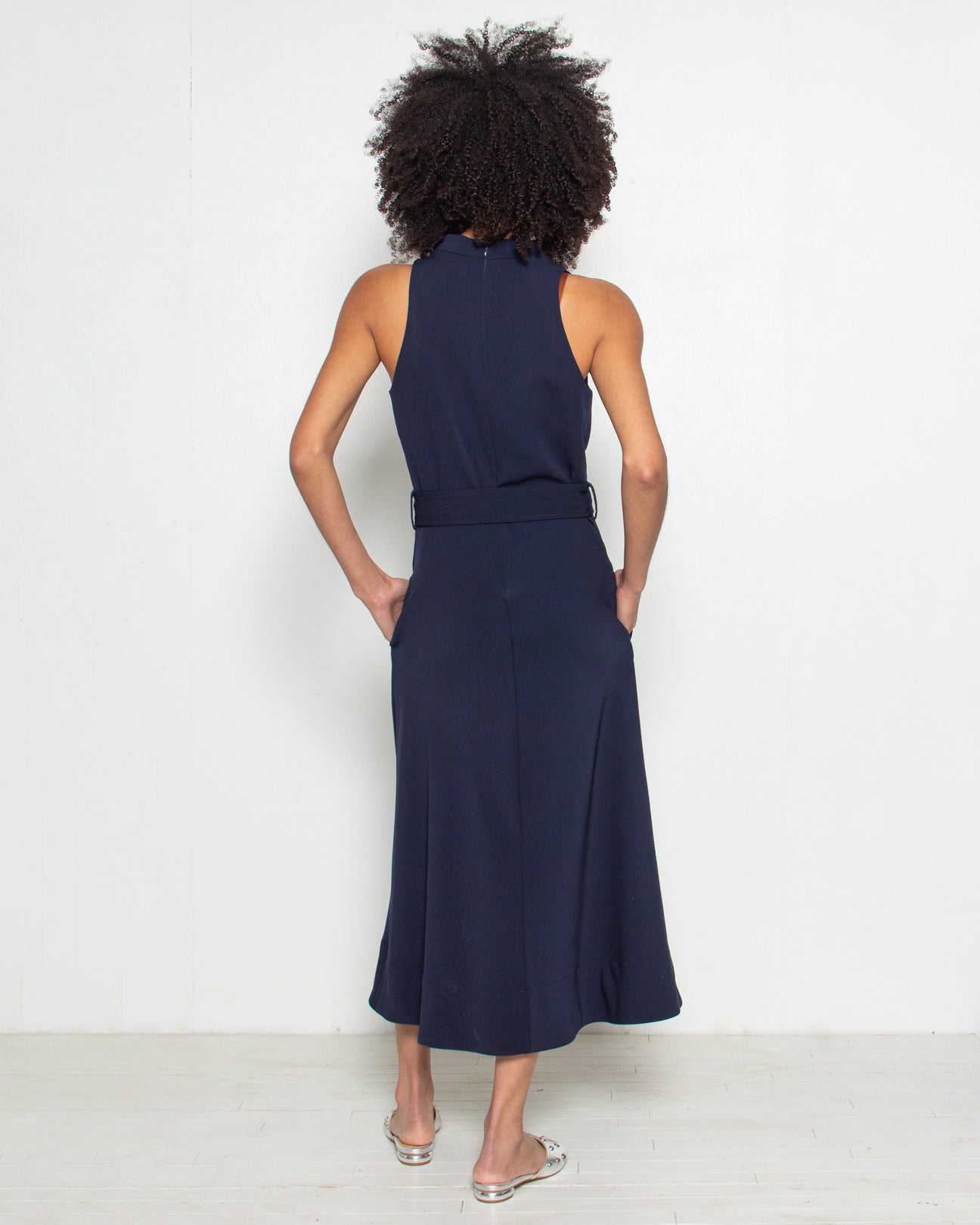 NOMIA Belted Cowl Neck Dress in Midnight