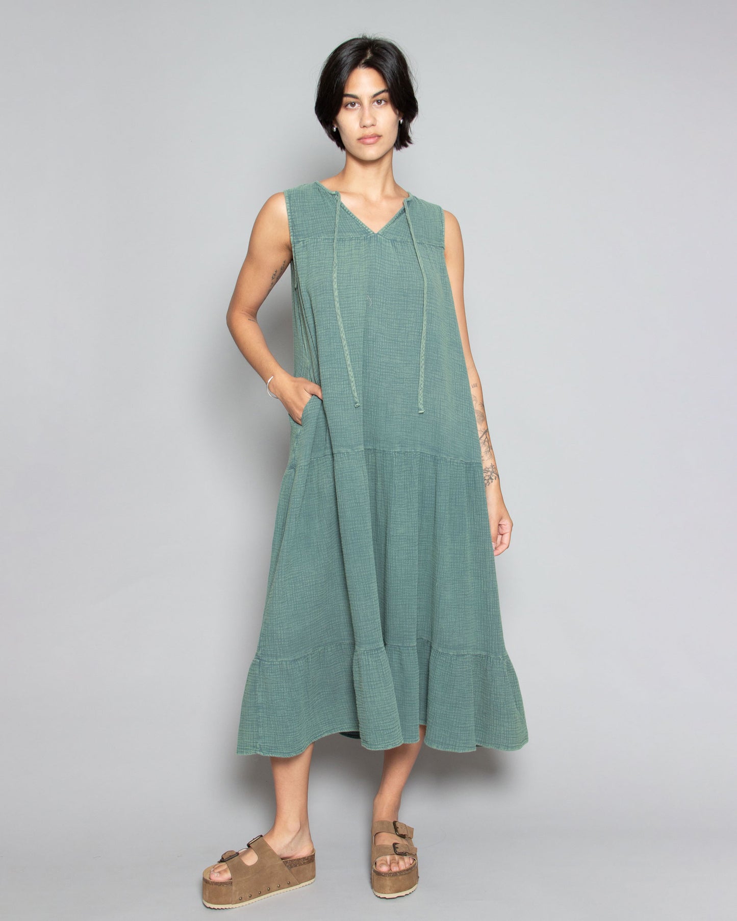 PERSONS Carolina Tiered Midi Dress in Washed Teal