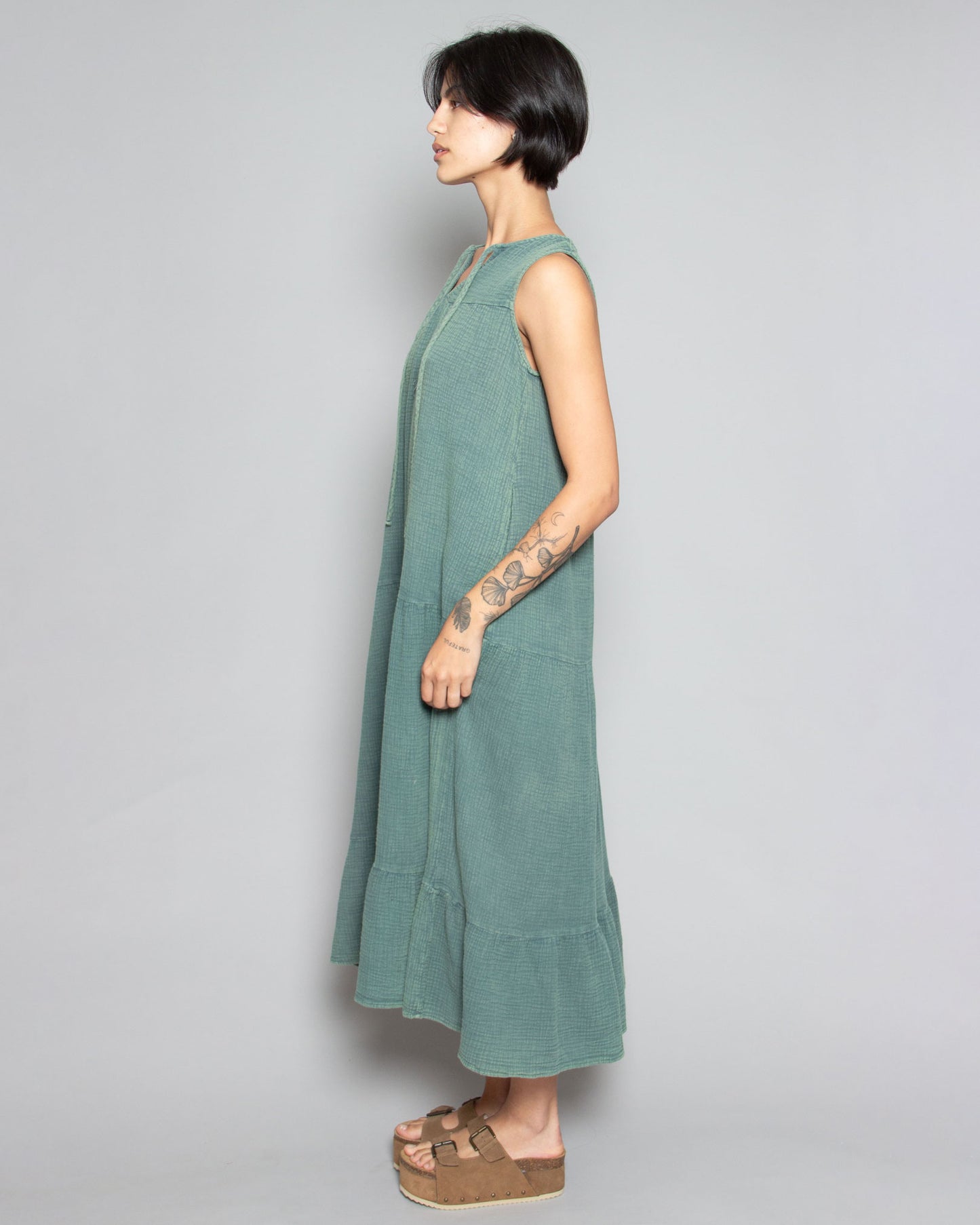 PERSONS Carolina Tiered Midi Dress in Washed Teal