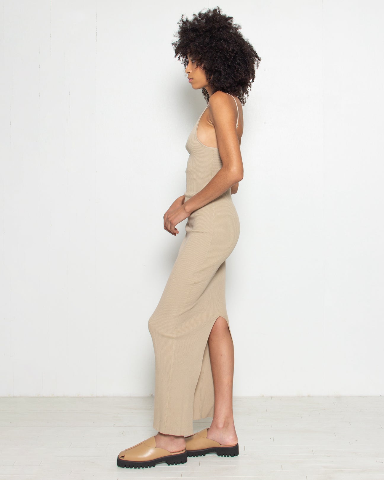 PERSONS Candace Ribbed Knit Maxi Dress in Sand