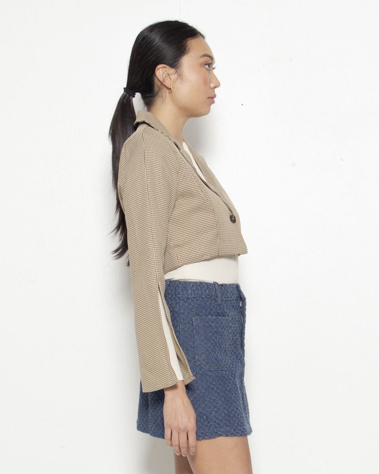 PERSONS Hailee Cropped Blazer in Brown/Beige Checker