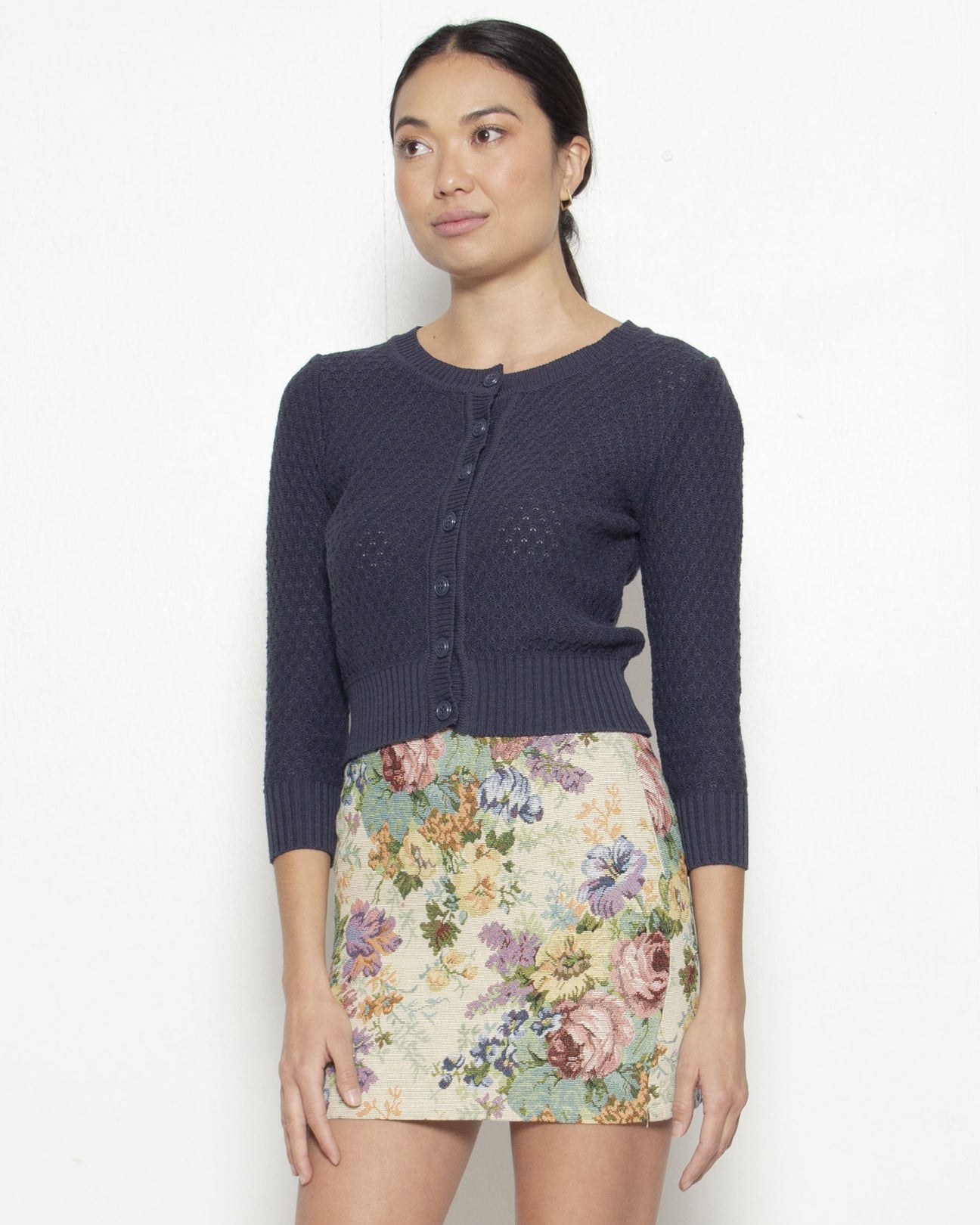 PERSONS Jackie Pointelle Cardigan in Navy