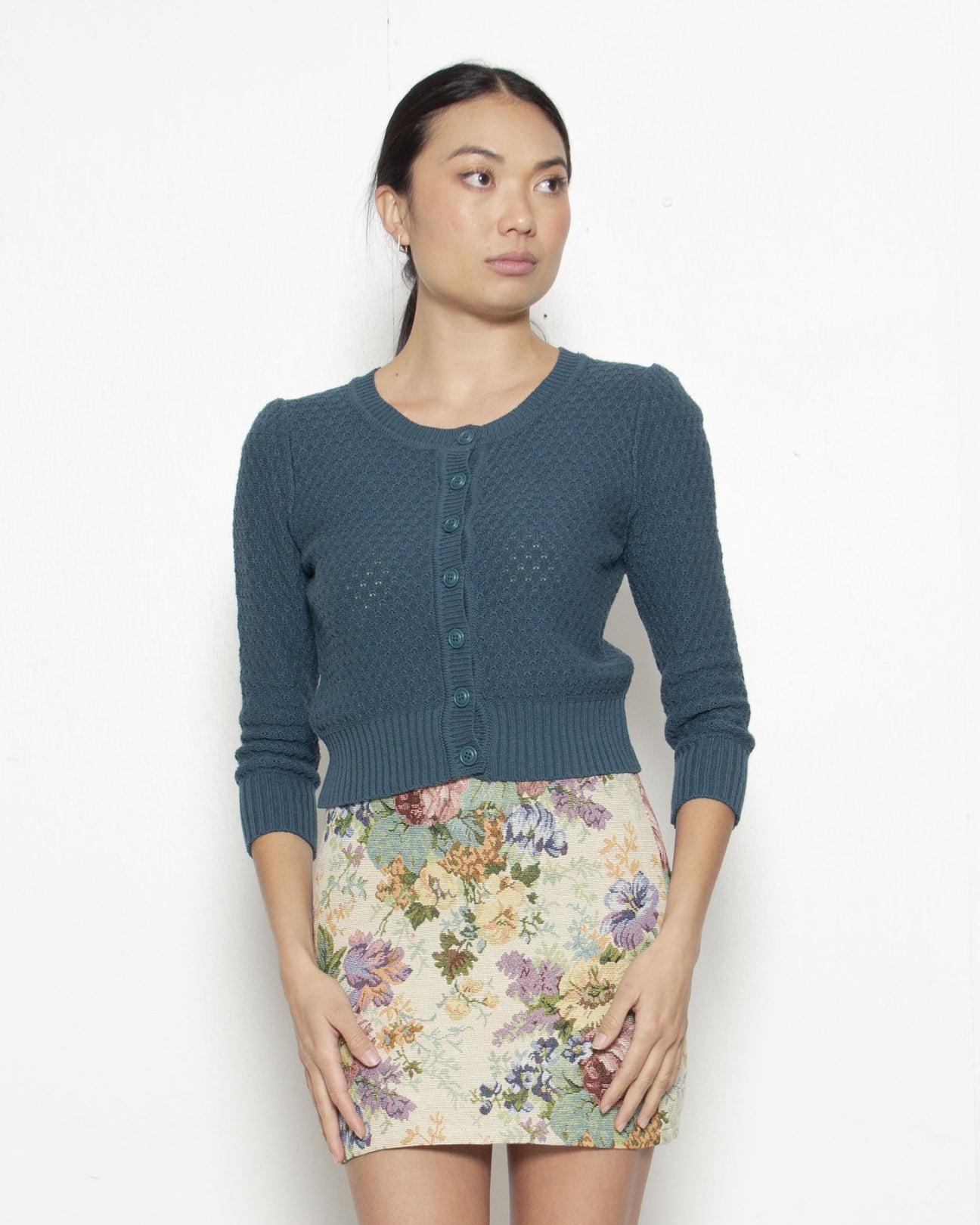 PERSONS Jackie Pointelle Cardigan in Dark Teal