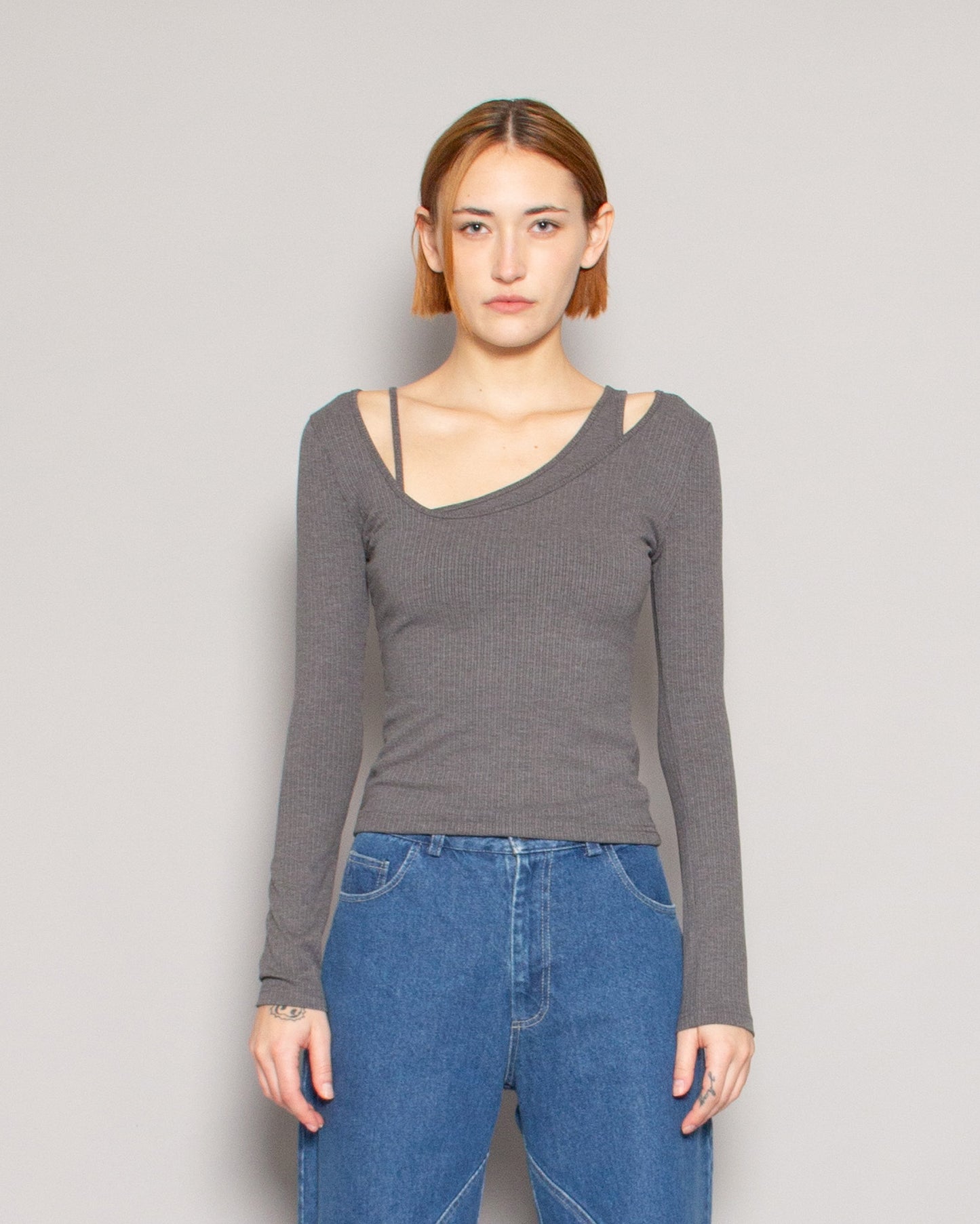 PERSONS Logan Asym Neck Top in Grey
