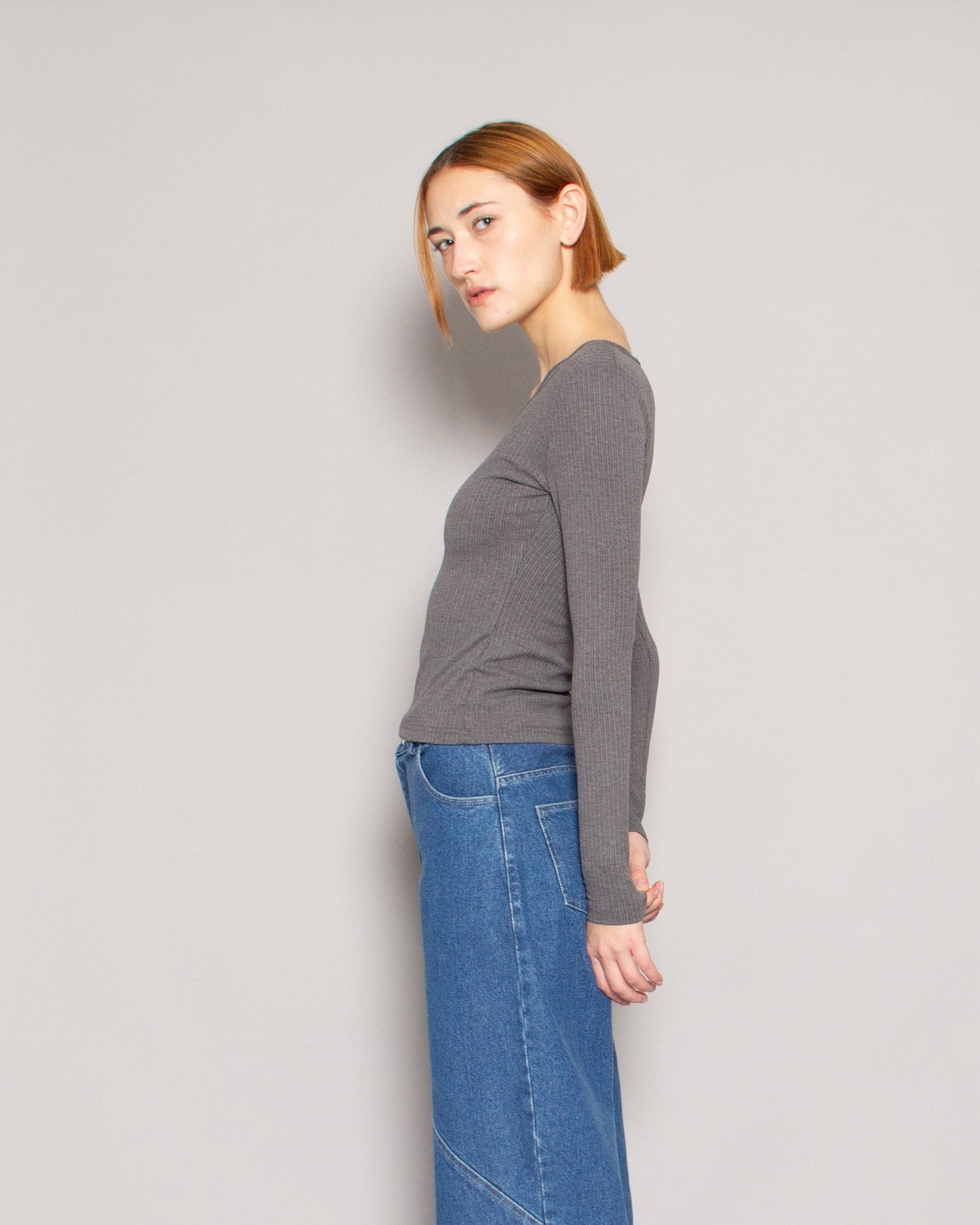 PERSONS Logan Asym Neck Top in Grey
