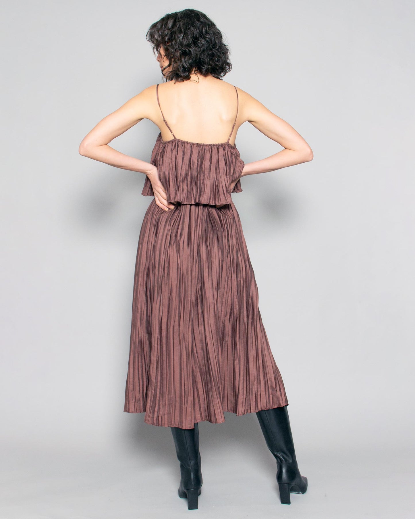 PERSONS Pauline Plisse Pleated Midi Dress in Aubergine available at Lahn.shop