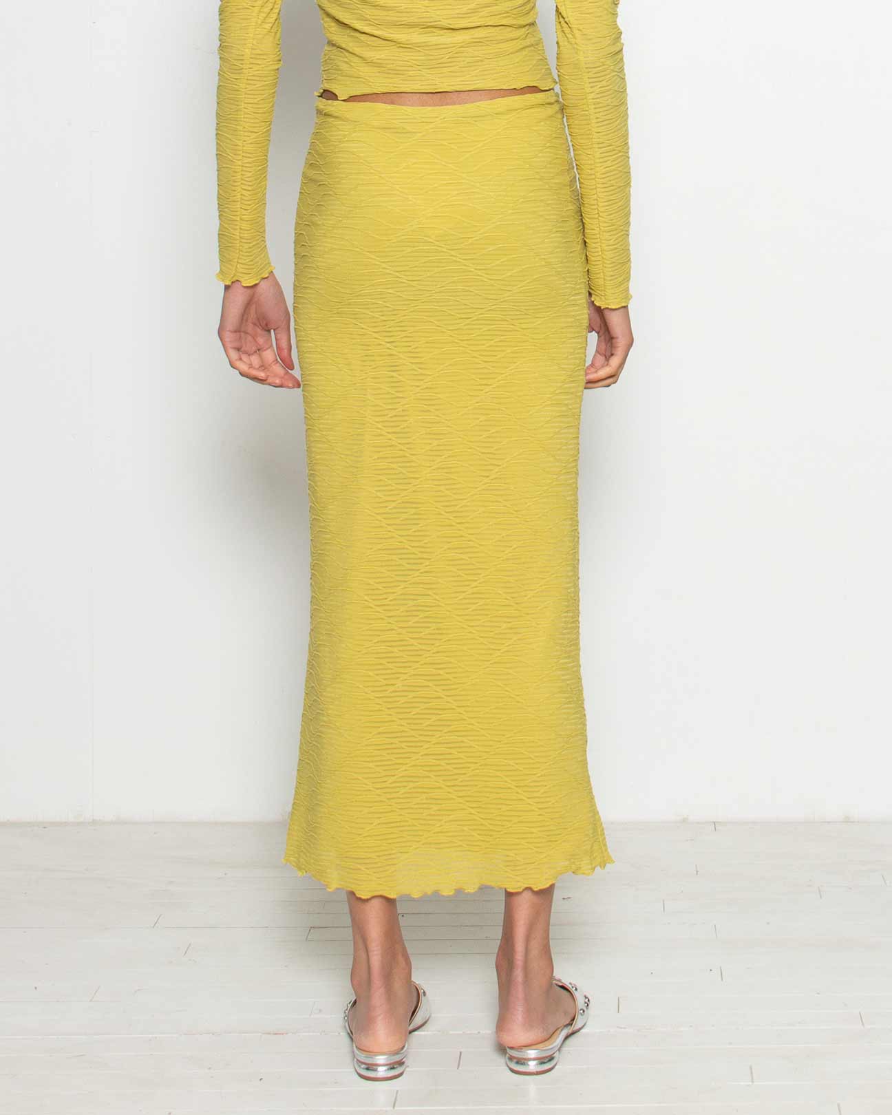 PERSONS Vivi Textured Mesh Midi Skirt in Chartreuse
