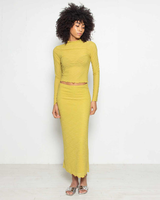 PERSONS Vivi Textured Mesh Midi Skirt in Chartreuse