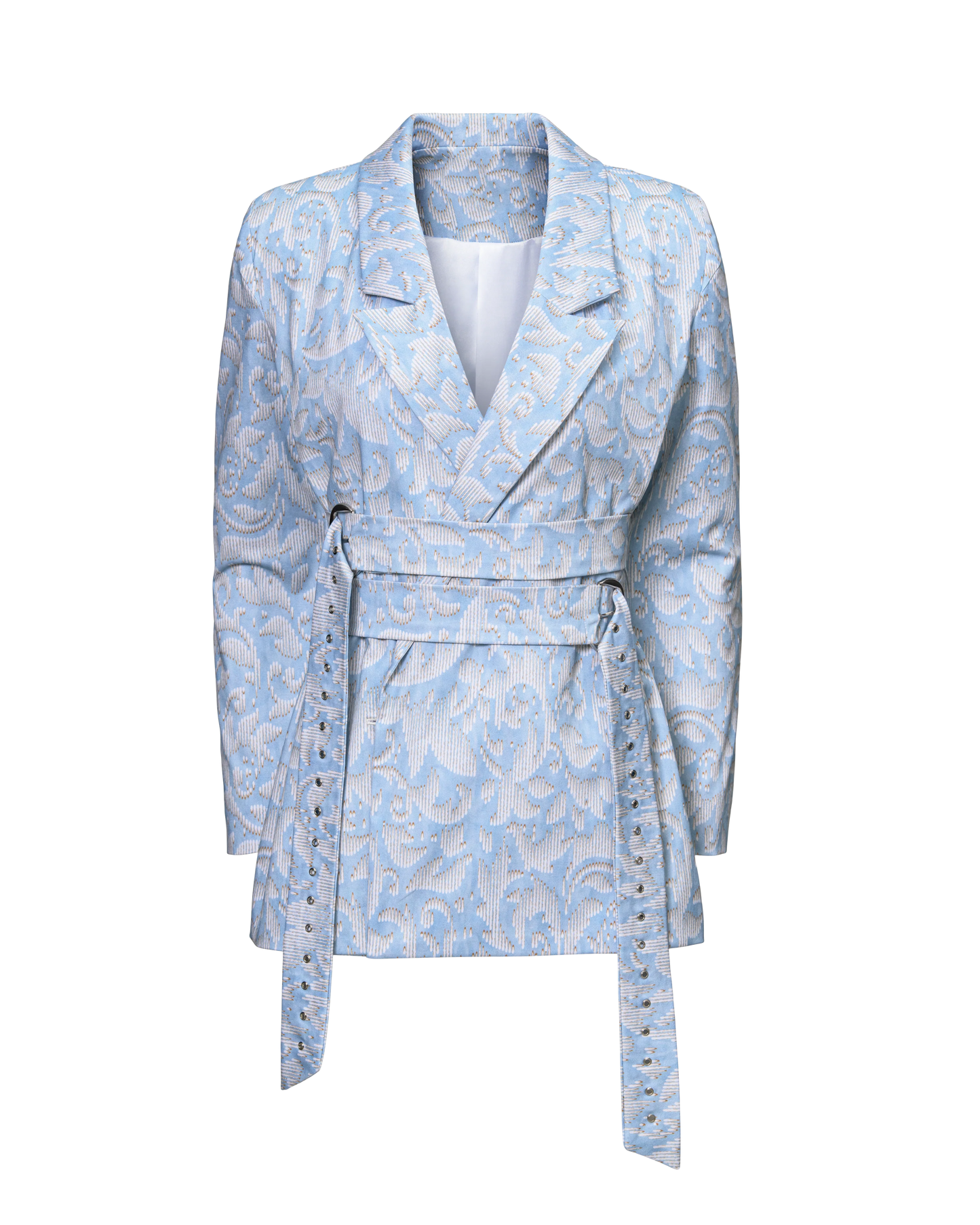 HILARY MACMILLAN Twill Double Belted Boyfriend Blazer in Blue & White