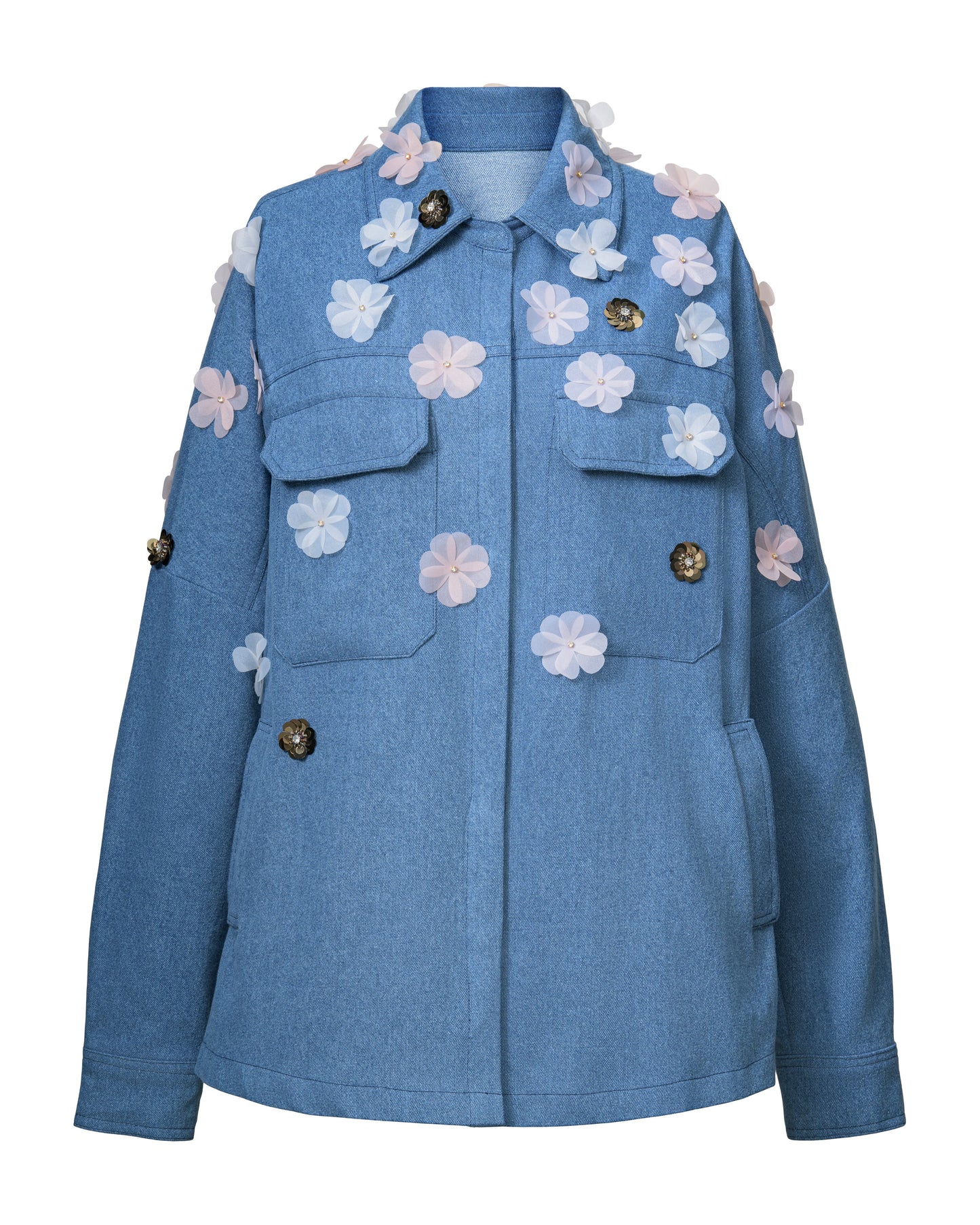 HILARY MACMILLAN Oversized Jacket with Flower Appliqué in Denim