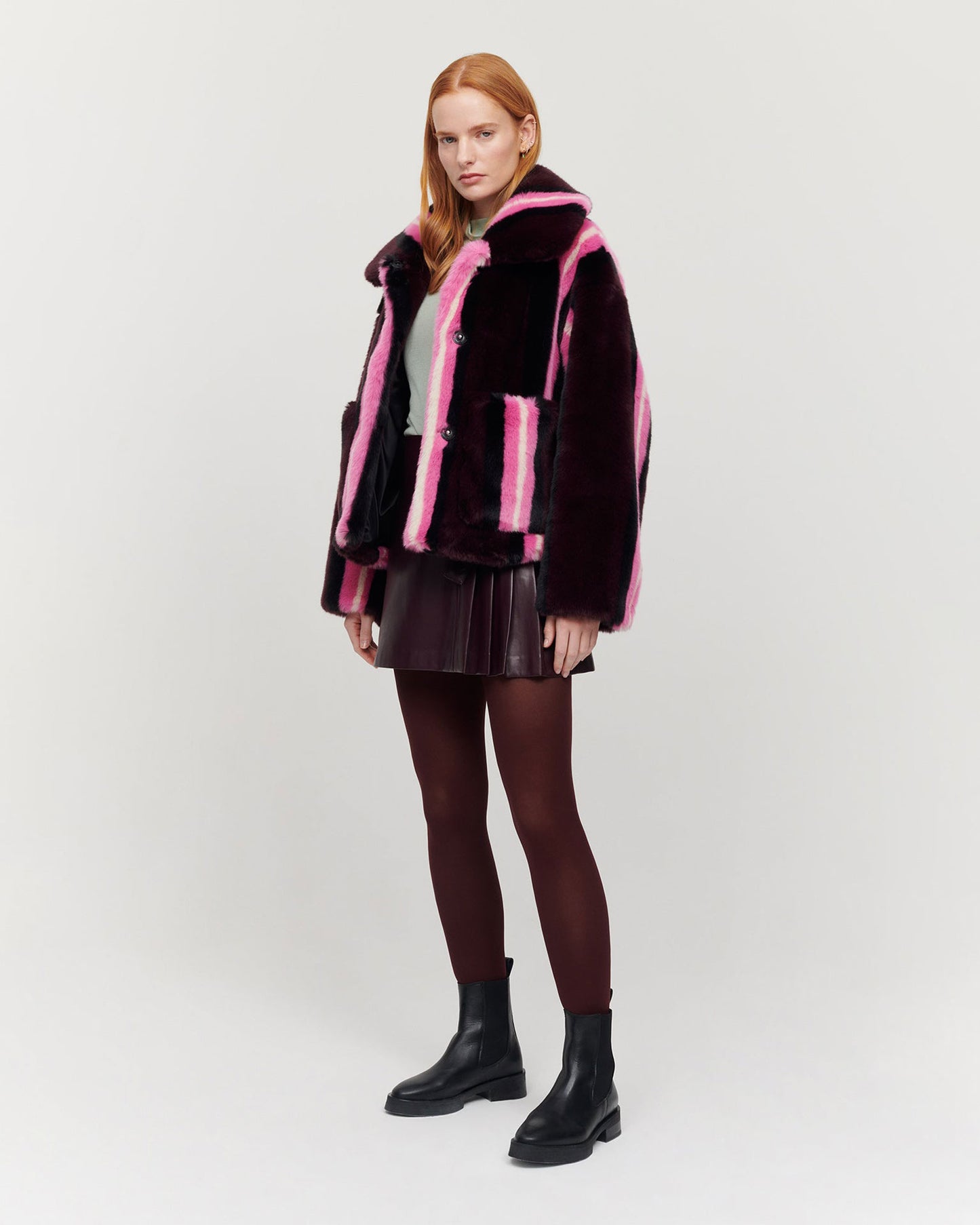 JAKKE Traci Cropped Faux Fur Jacket in Burgundy Stripe