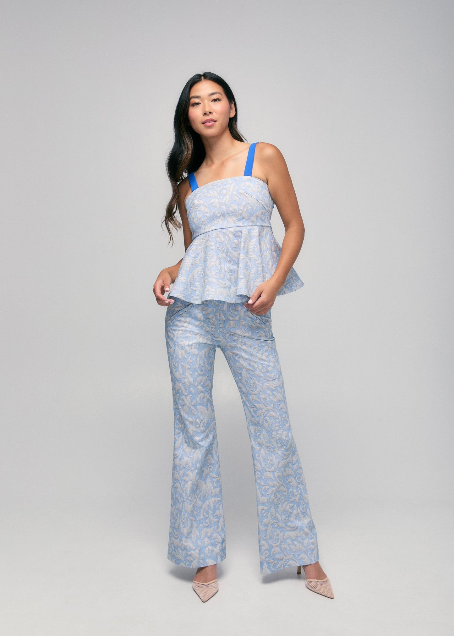 HILARY MACMILLAN Twill Fit & Flare Trousers in Blue & White