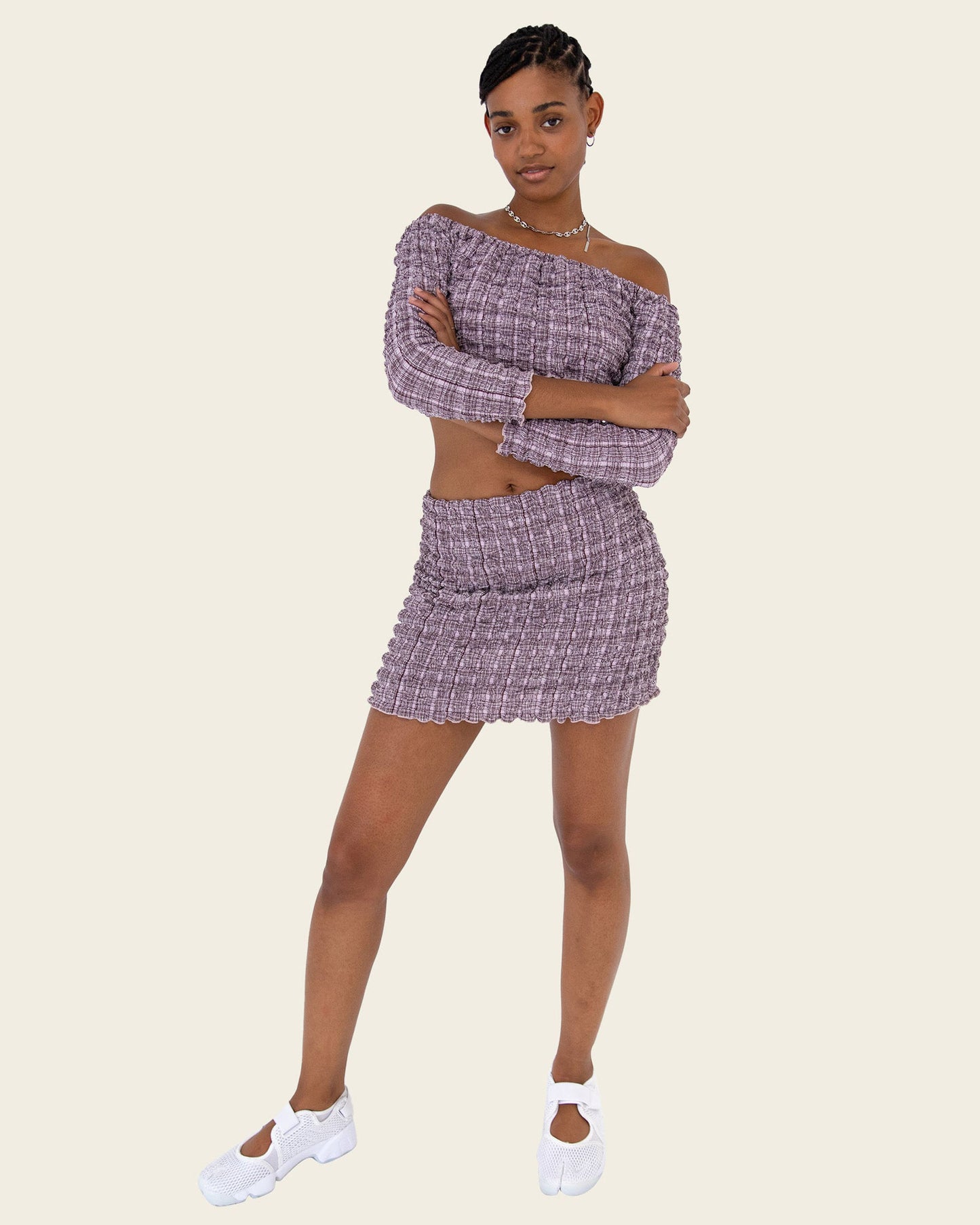 FIND ME NOW Mae Off Shoulder Crop Top in Mulberry