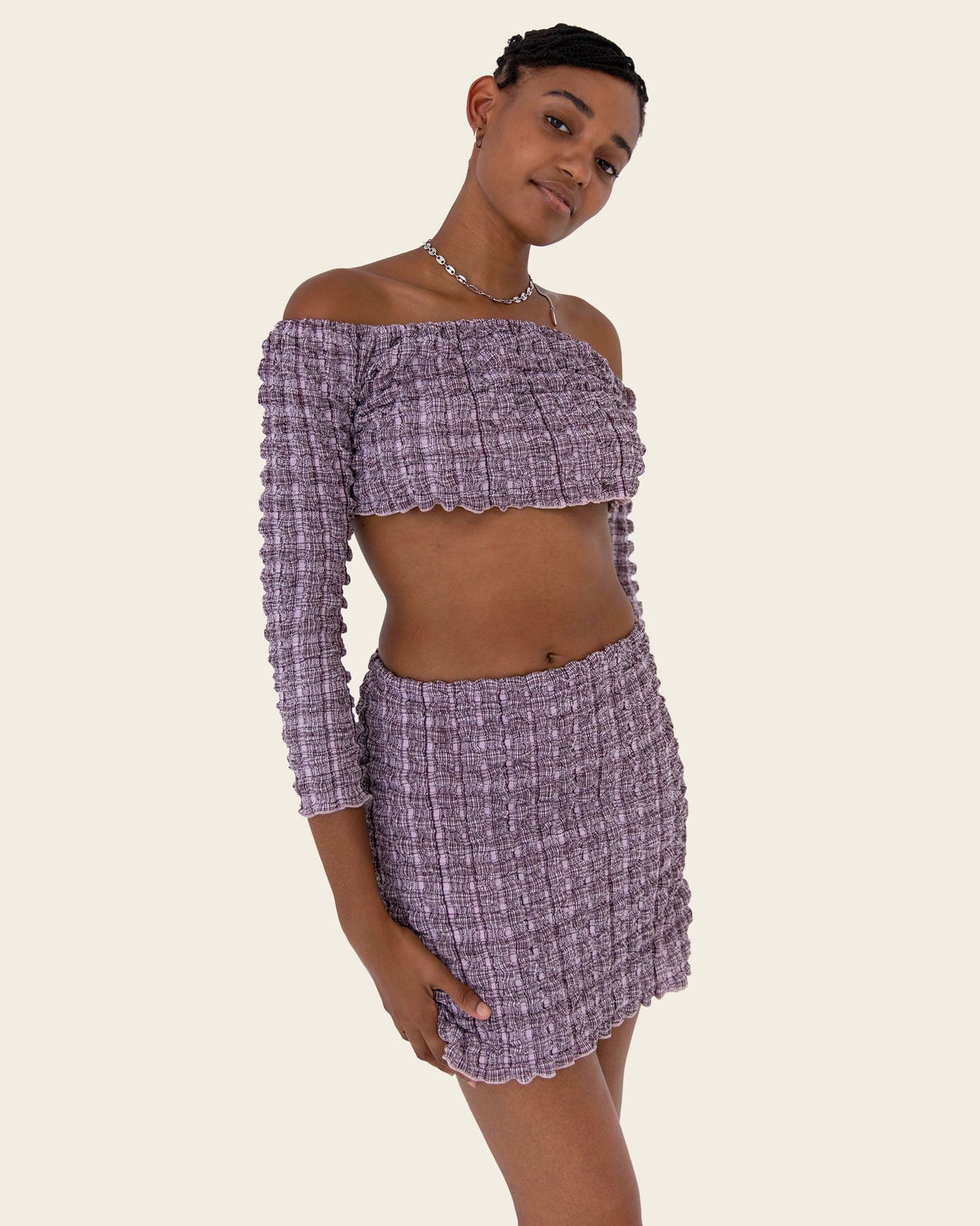 FIND ME NOW Mae Off Shoulder Crop Top in Mulberry