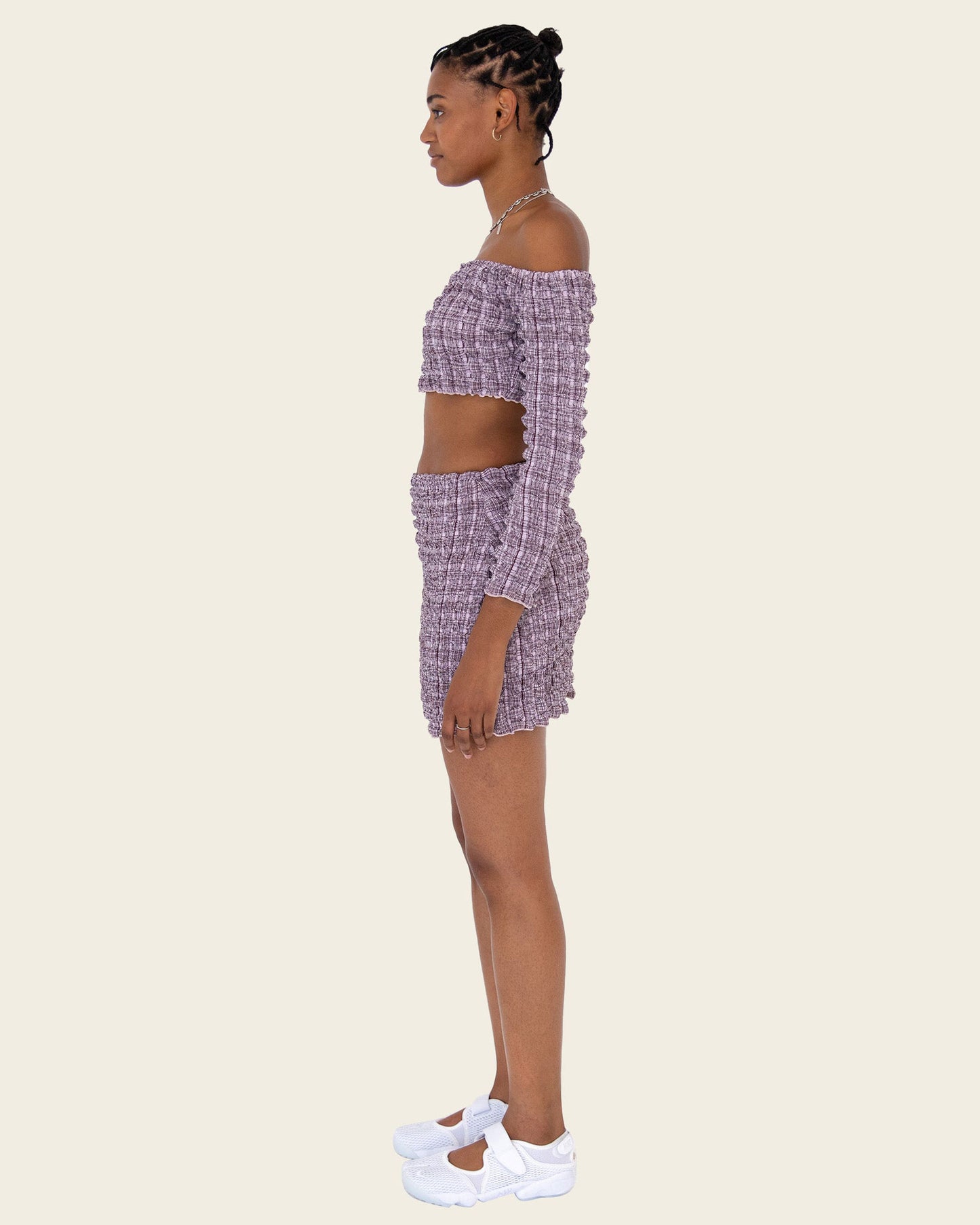 FIND ME NOW Mae Off Shoulder Crop Top in Mulberry