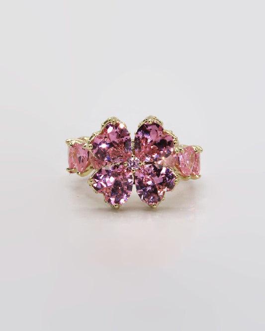 SUSANNA CHOW Crystal Clover Ring in Pink & Gold