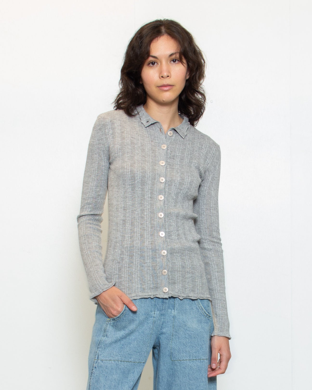 ATELIER DELPHINE Pointelle Cardigan in Silver