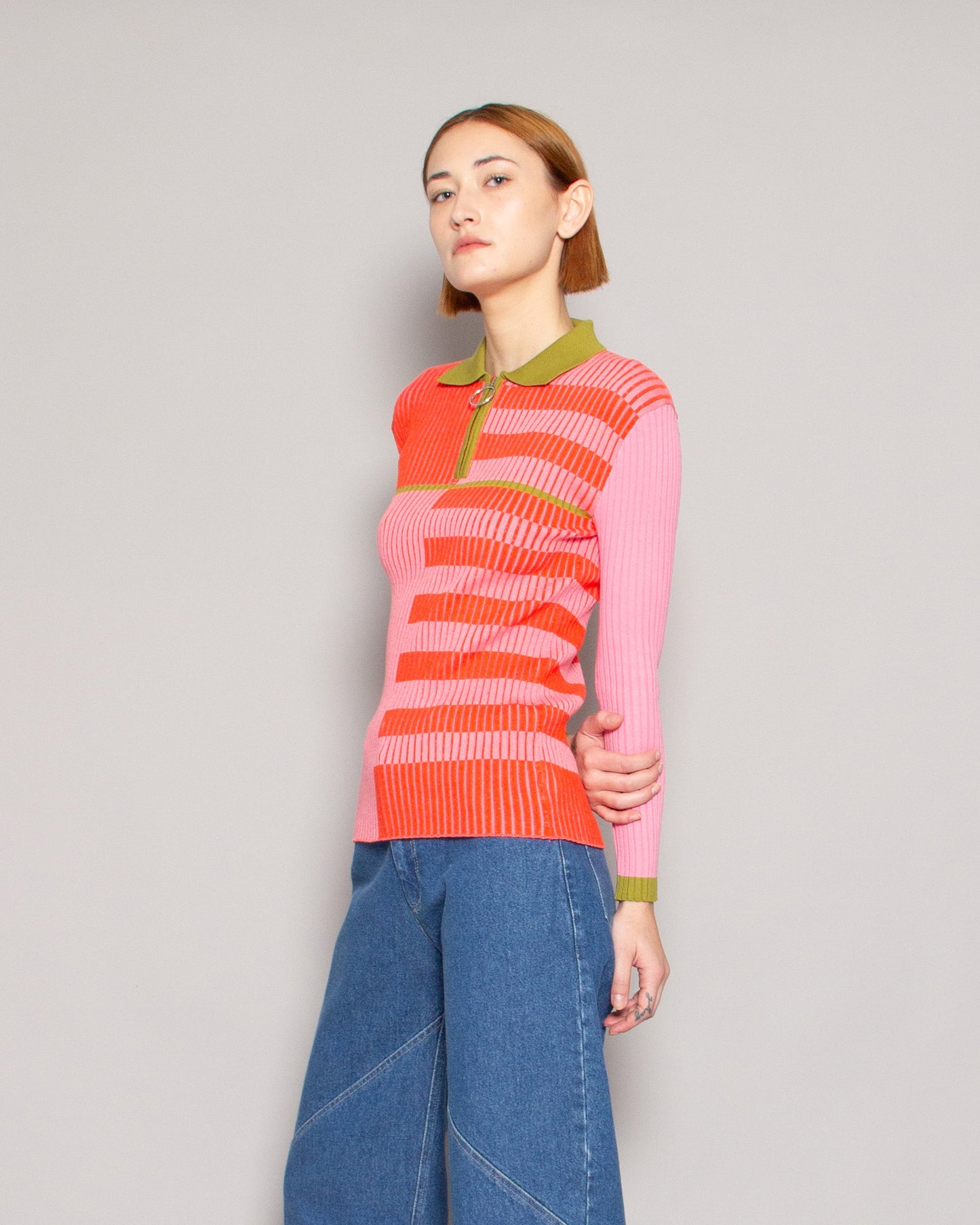 BEATRICE.B Half Zip Ribbed Knit Top in Pink Multi-Stripe available at Lahn.shop