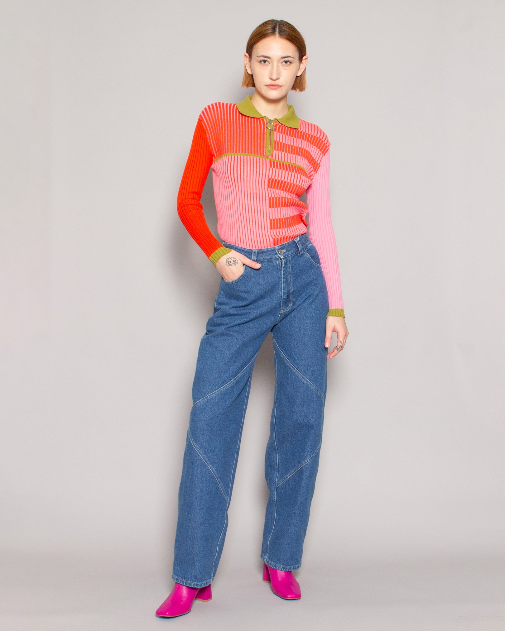 BEATRICE.B Half Zip Ribbed Knit Top in Pink Multi-Stripe available at Lahn.shop