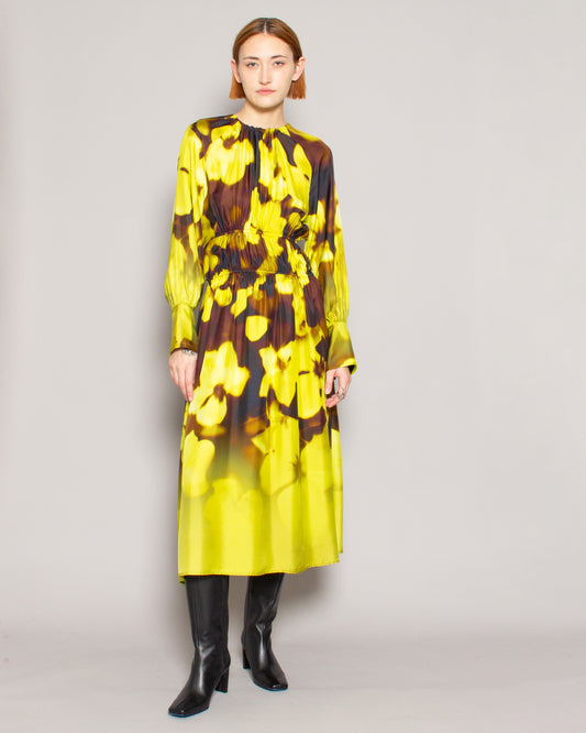 BEATRICE.B Gathered Silk Dress in Neon Blurred Floral