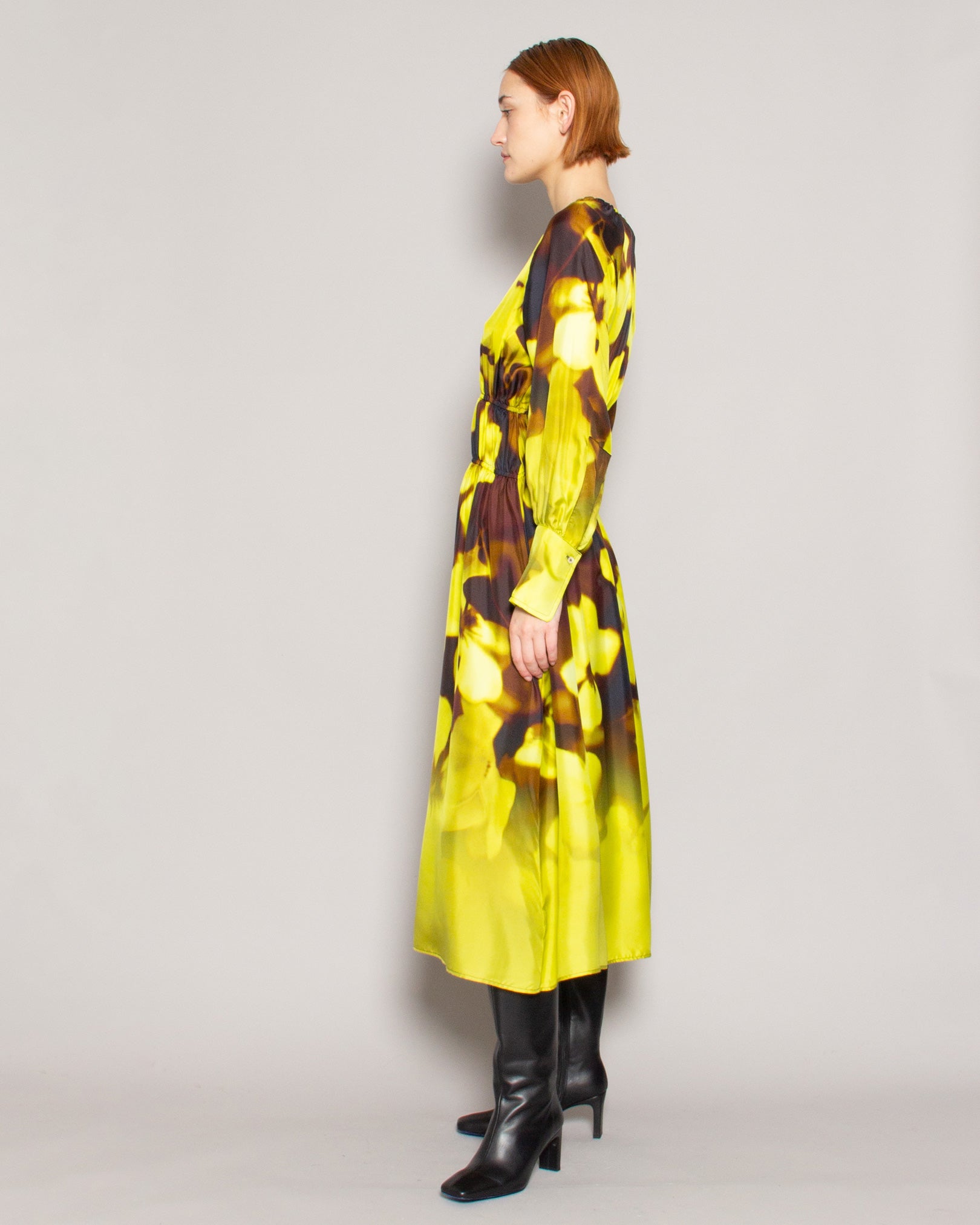 BEATRICE.B Gathered Silk Dress in Neon Blurred Floral available at Lahn.shop