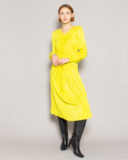BEATRICE.B Shirred Asymmetrical Brocade Dress in Lime available at Lahn.shop