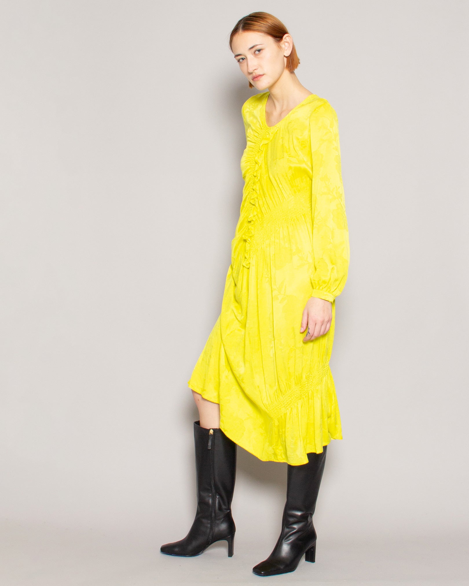 BEATRICE.B Shirred Asymmetrical Brocade Dress in Lime available at Lahn.shop