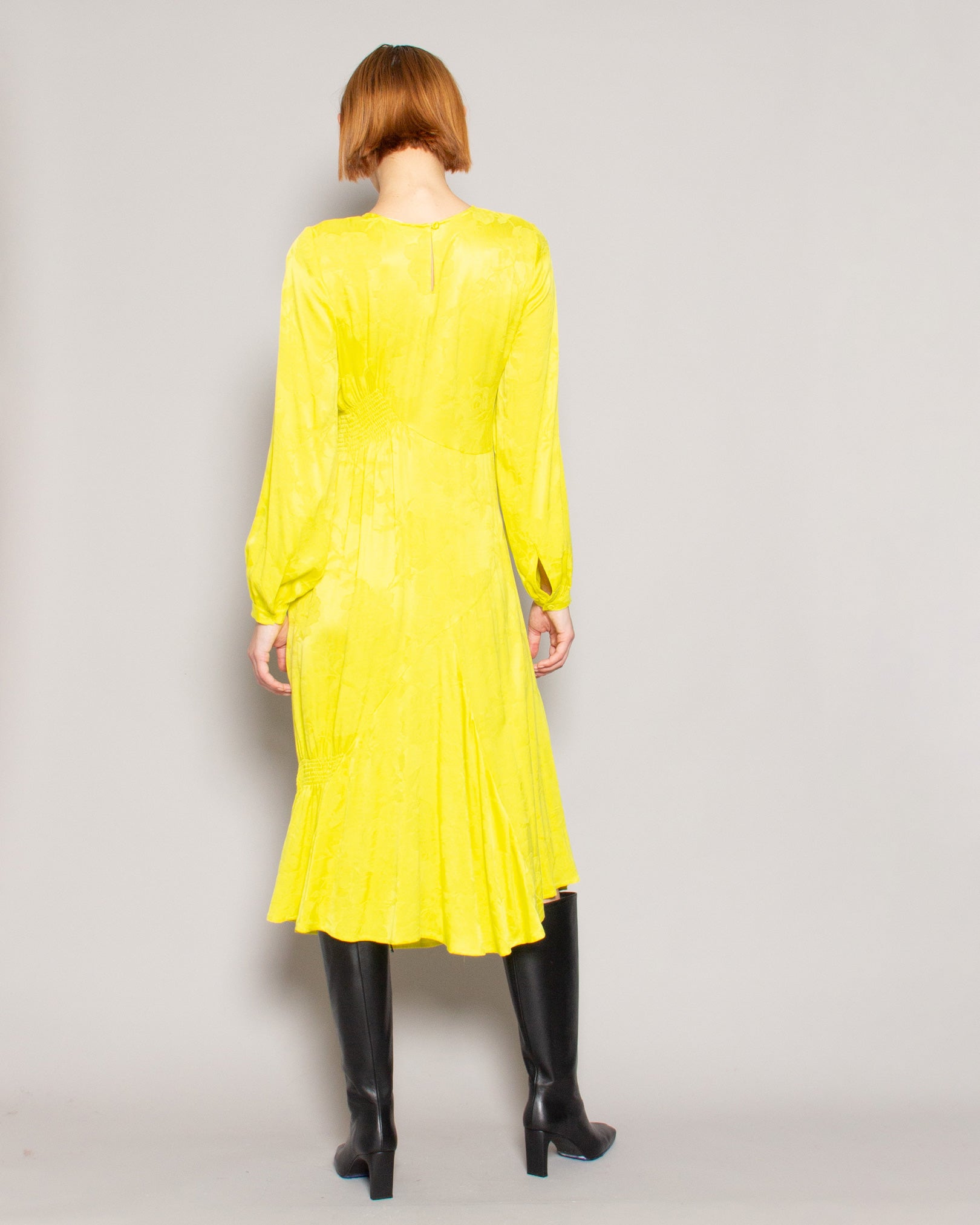 BEATRICE.B Shirred Asymmetrical Brocade Dress in Lime available at Lahn.shop