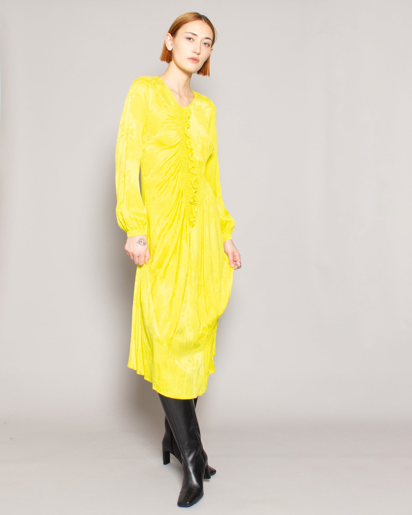 BEATRICE.B Shirred Asymmetrical Brocade Dress in Lime available at Lahn.shop