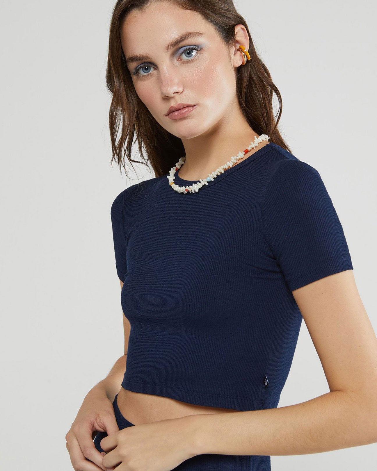 OTTOD'AME Ribbed Cropped Tee in Navy available at Lahn.shop