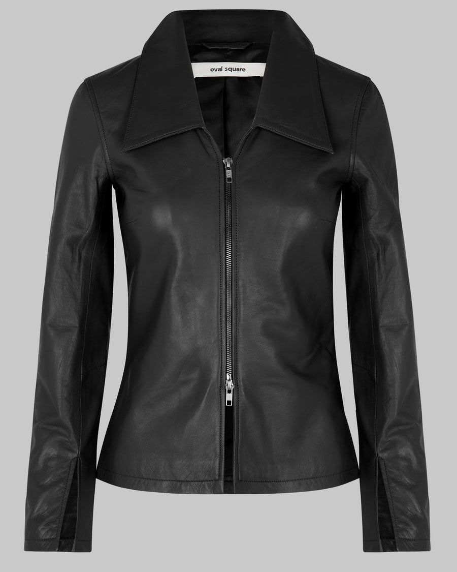 OVAL SQUARE Deep Leather Zip Up Jacket in Black