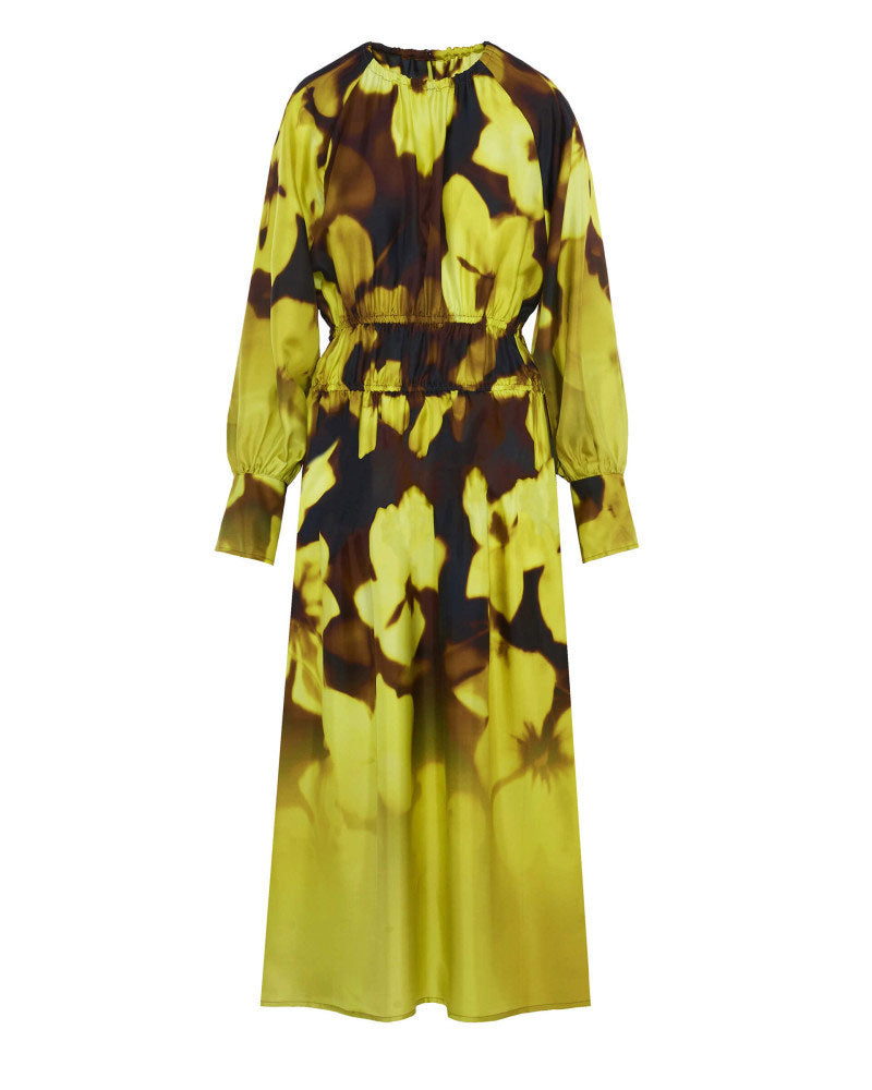 BEATRICE.B Gathered Silk Dress in Neon Blurred Floral available at Lahn.shop