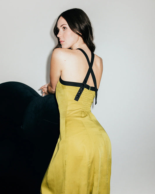 HILARY MACMILLAN Contrast Halter Dress in Chartreuse