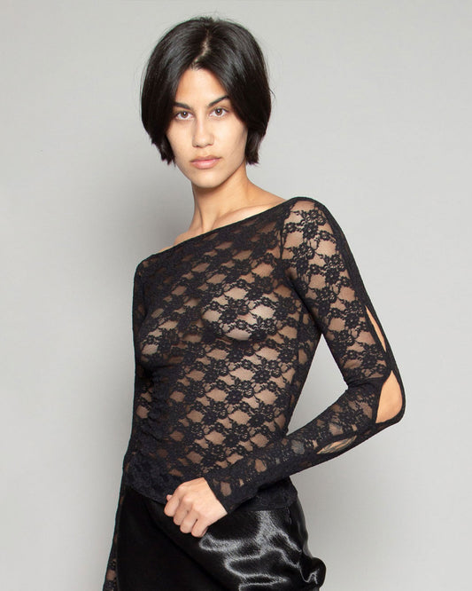 HEATHER STANKO Slashed Sleeve Lace Top in Ink available at Lahn.shop