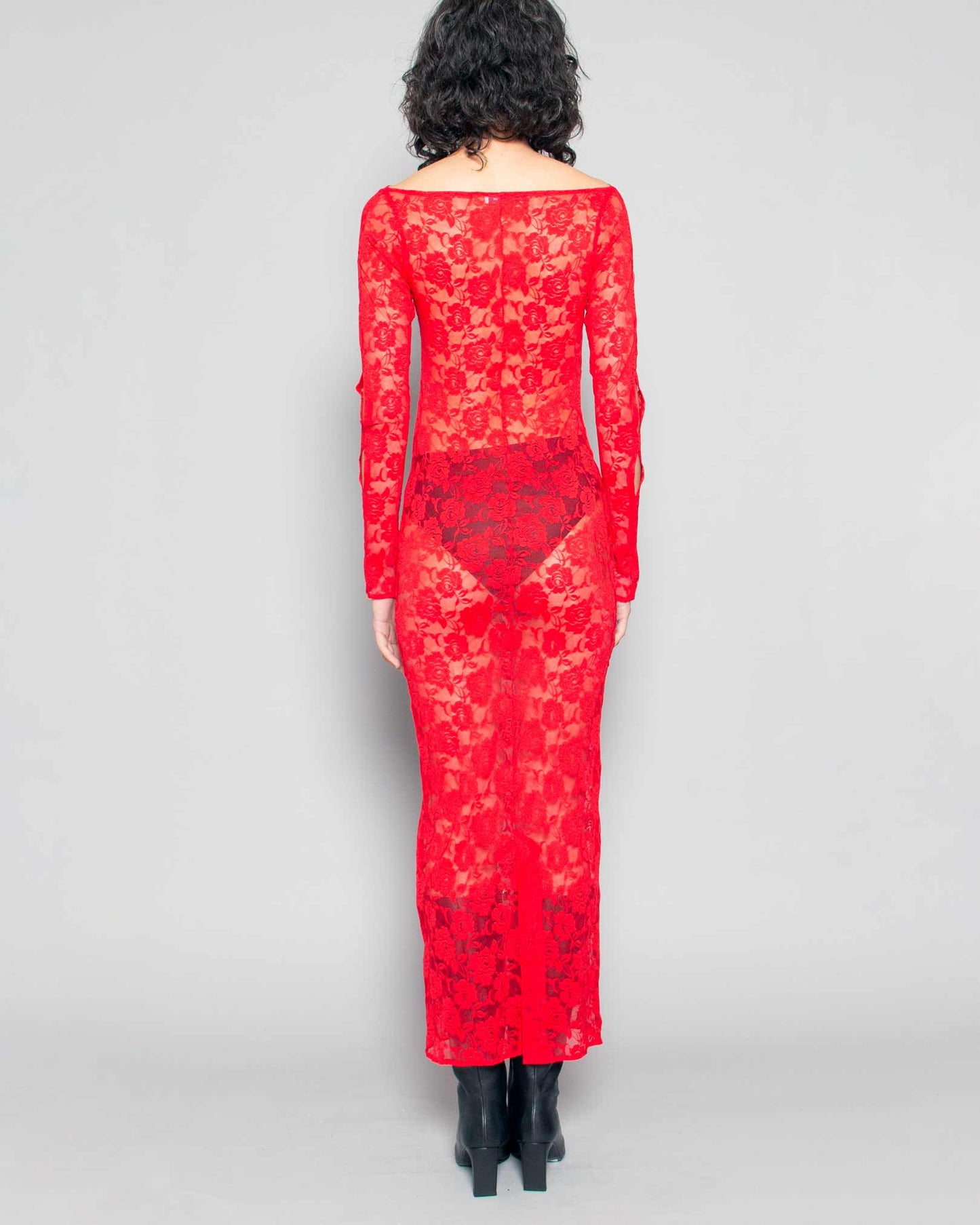 HEATHER STANKO Slashed Sleeve Lace Dress in Cherry available at Lahn.shop