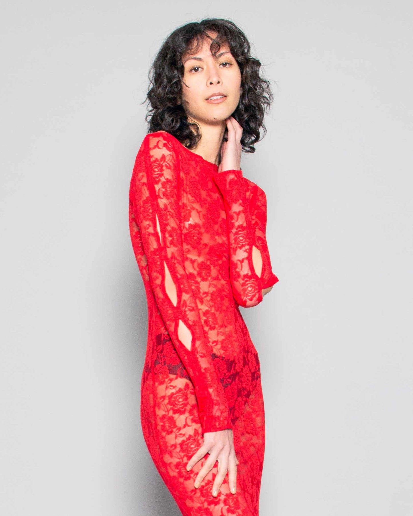 HEATHER STANKO Slashed Sleeve Lace Dress in Cherry available at Lahn.shop