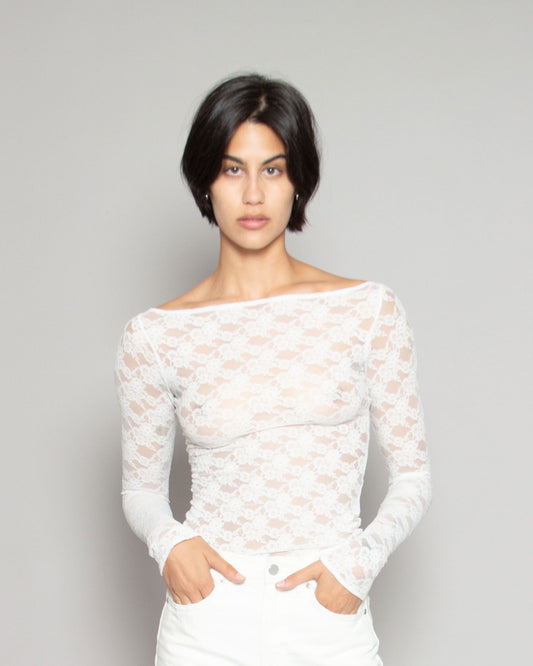HEATHER STANKO Lace Long Sleeve Top in Purity available at Lahn.shop