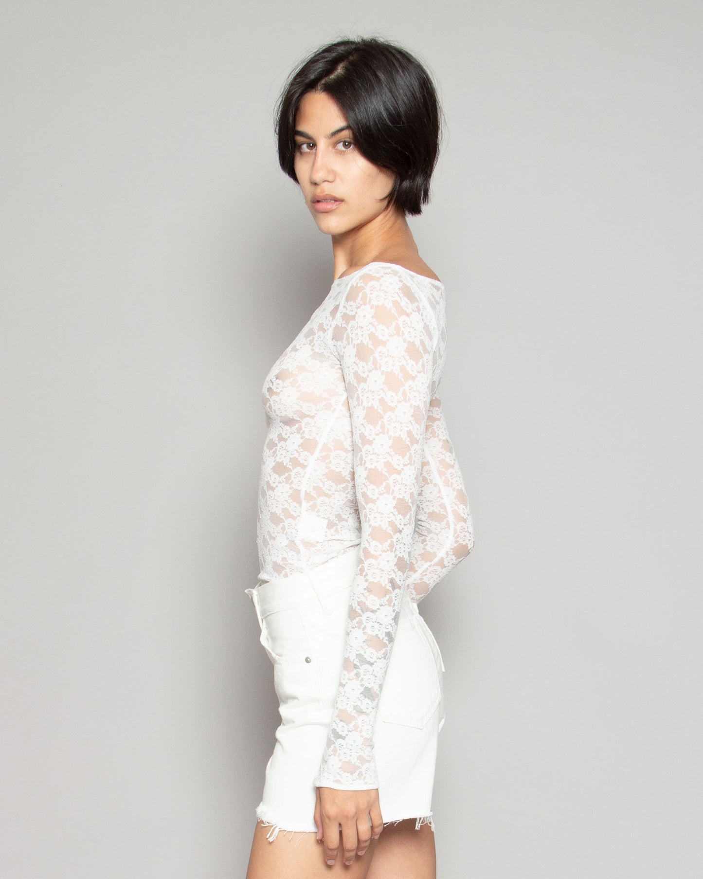 HEATHER STANKO Lace Long Sleeve Top in Purity available at Lahn.shop
