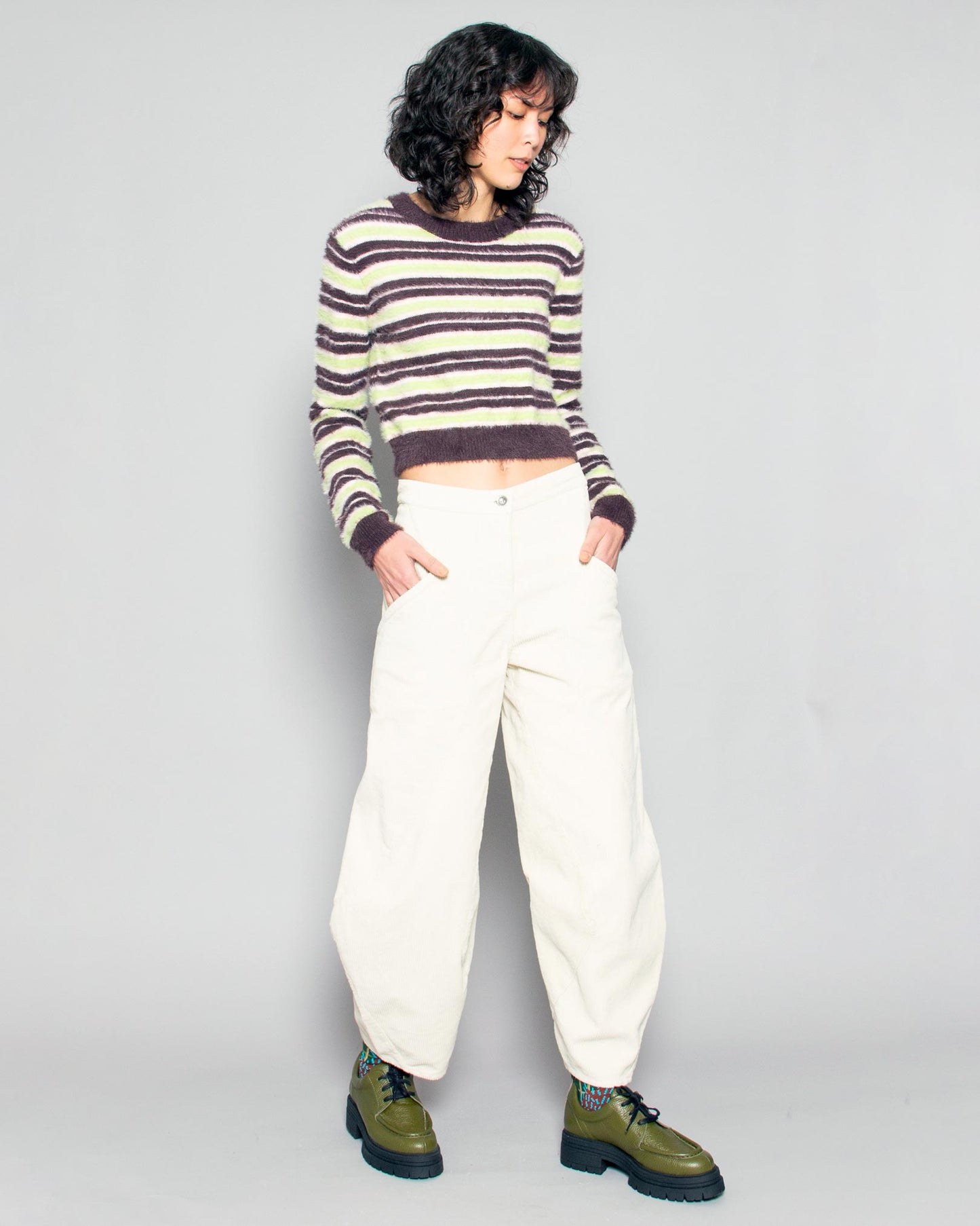 PERSONS Vera Fuzzy Sweater in Matcha Stripe available at Lahn.shop