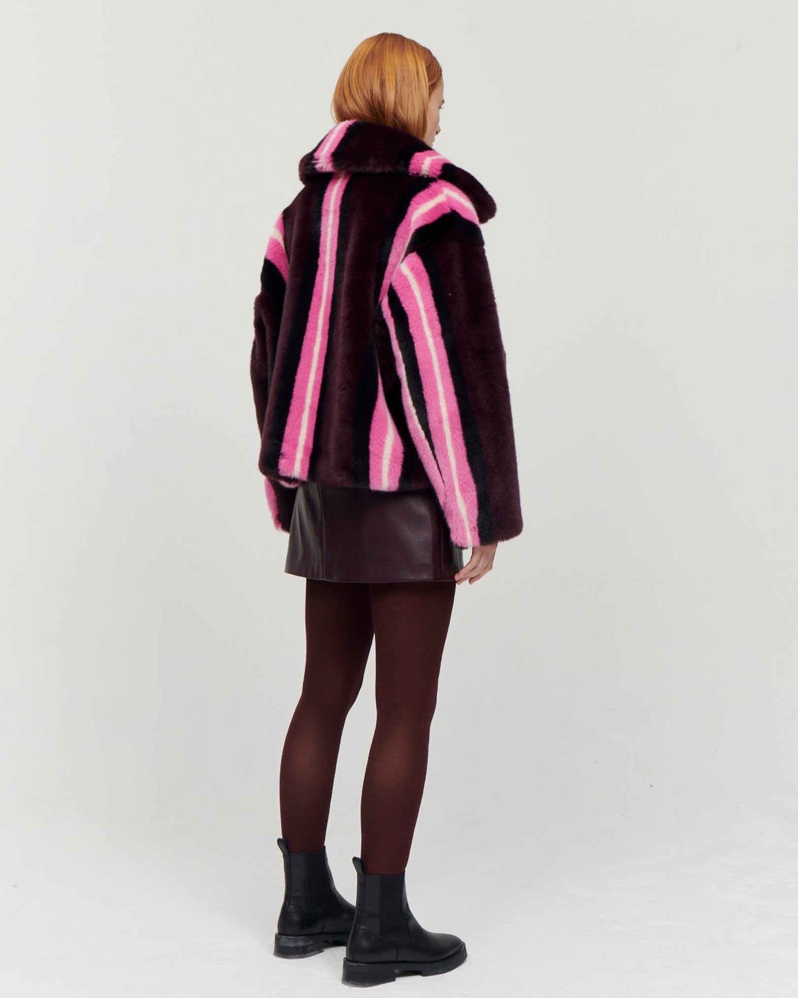 JAKKE Traci Cropped Faux Fur Jacket in Burgundy Stripe available at Lahn.shop